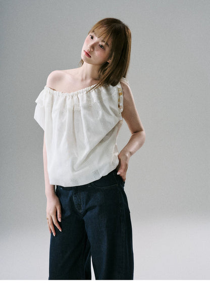 LOST FOREST - Natural Linen-Blend Drawstring Shoulder Top