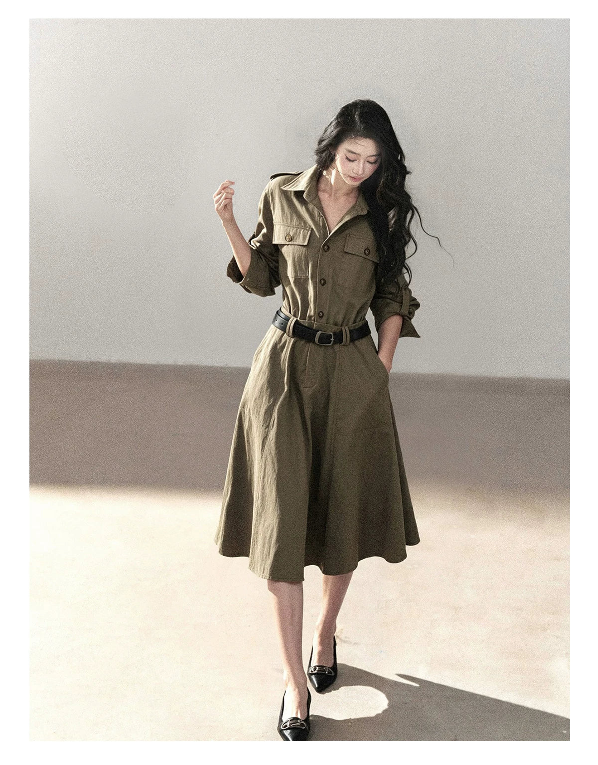 AOMALM - Sandstone Brown Utility Polo Shirt Dress with Belt