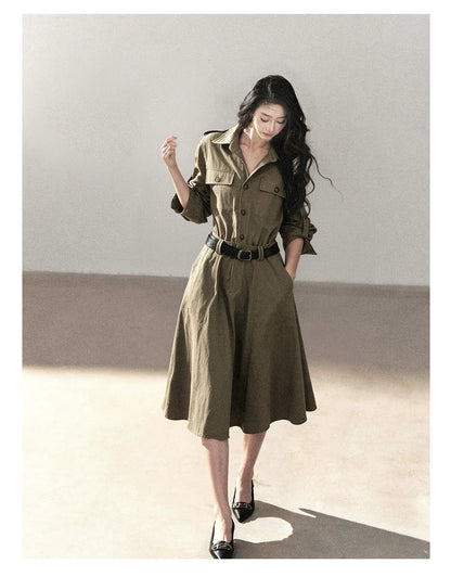 AOMALM - Sandstone Brown Utility Polo Shirt Dress with Belt