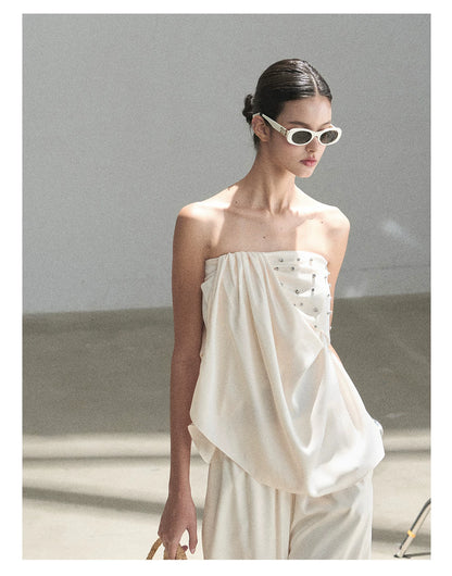 "Summer Rain at Dusk" Cream Beige Satin Two-Piece Set