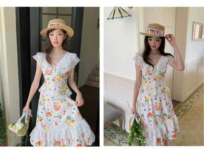 “Honeyfruit Summer Breeze” Beige Printed Skirt Set