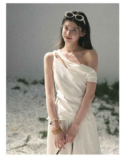 “Cloud Threads Falling at the Shoulder” Ivory Linen-Blend Two-Piece Set
