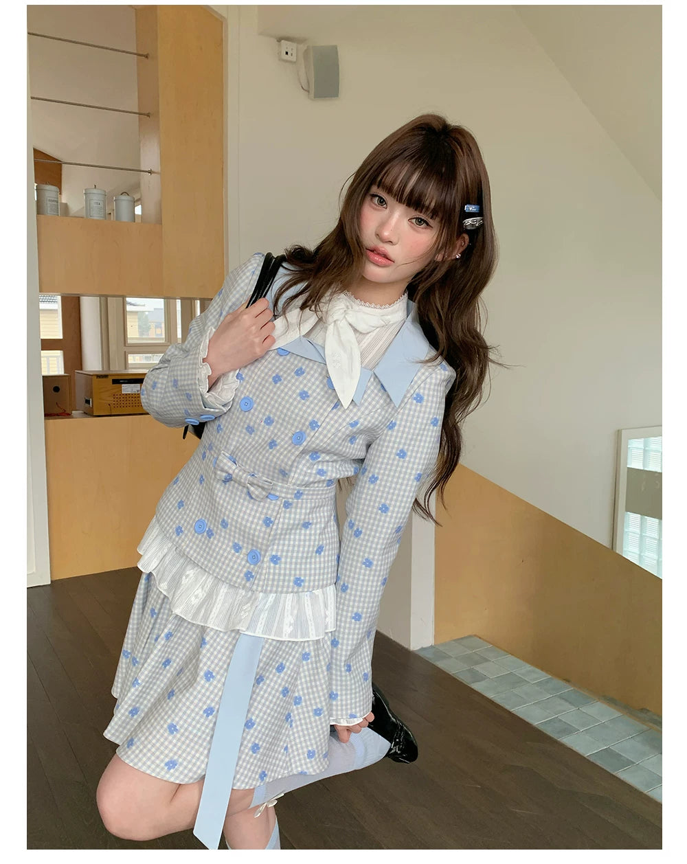 “Bluebell Letter” Light Blue Plaid Blazer Top & Ribbon Skirt
