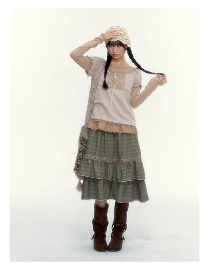 Dried Grass Green Vintage Lace Tiered A-Line Skirt