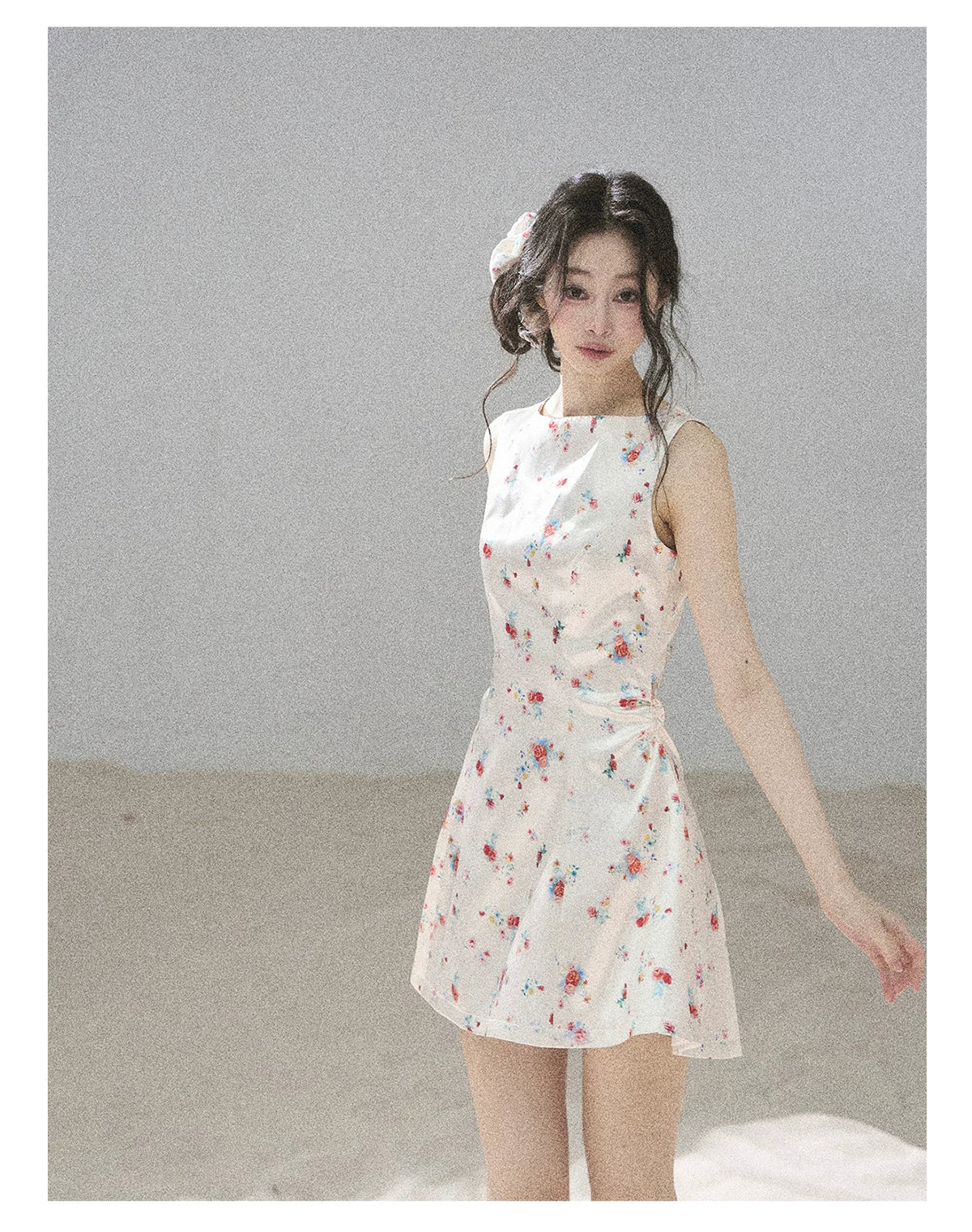 "Where Every Bloom Begins" Dutch Cream Floral Satin Puff Mini Dress (With Matching Scrunchie)