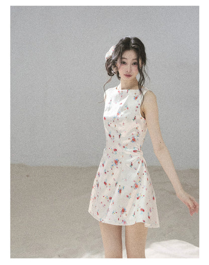 "Where Every Bloom Begins" Dutch Cream Floral Satin Puff Mini Dress (With Matching Scrunchie)