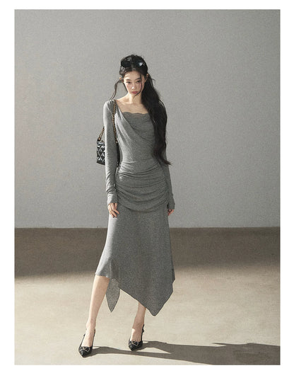 AOMALM - "Still River Cove" Cloud Mist Gray French-Inspired Lace Maxi Dress