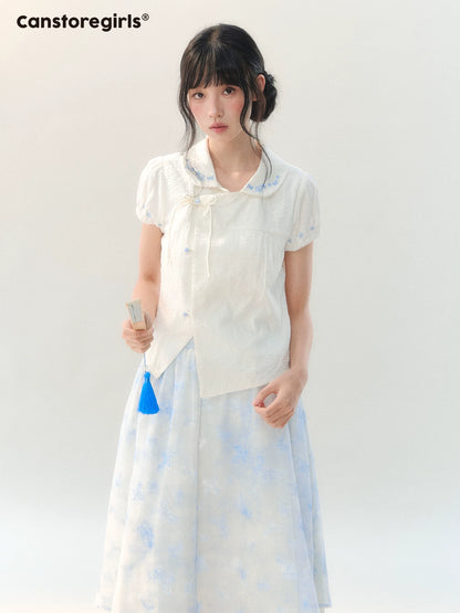 170726C "Butterfly Whispers" Embroidered Puff Sleeve Skirt Set