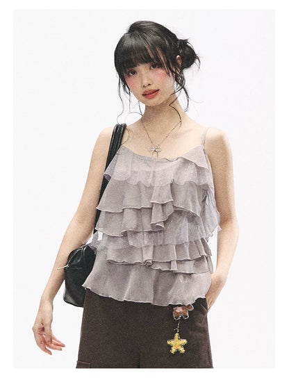 "Star Haven" Tiered Ruffle Cami Top (Cloud Blush Pink/ Moonlight Gray)