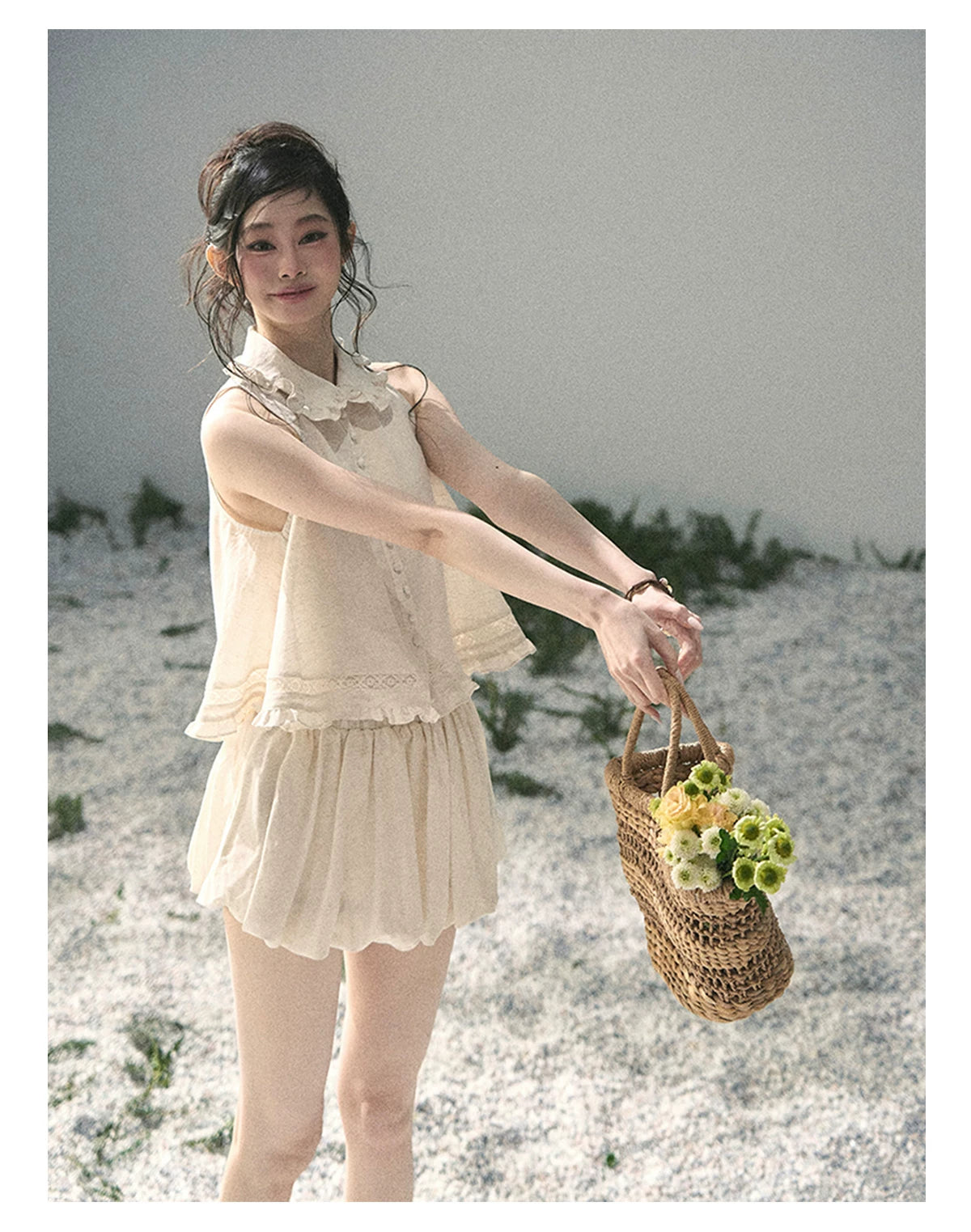 "Soft Cloud Reverie" Dutch Cream Lace Top & Bubble Skirt & Wide-Leg Pants Set 5468465