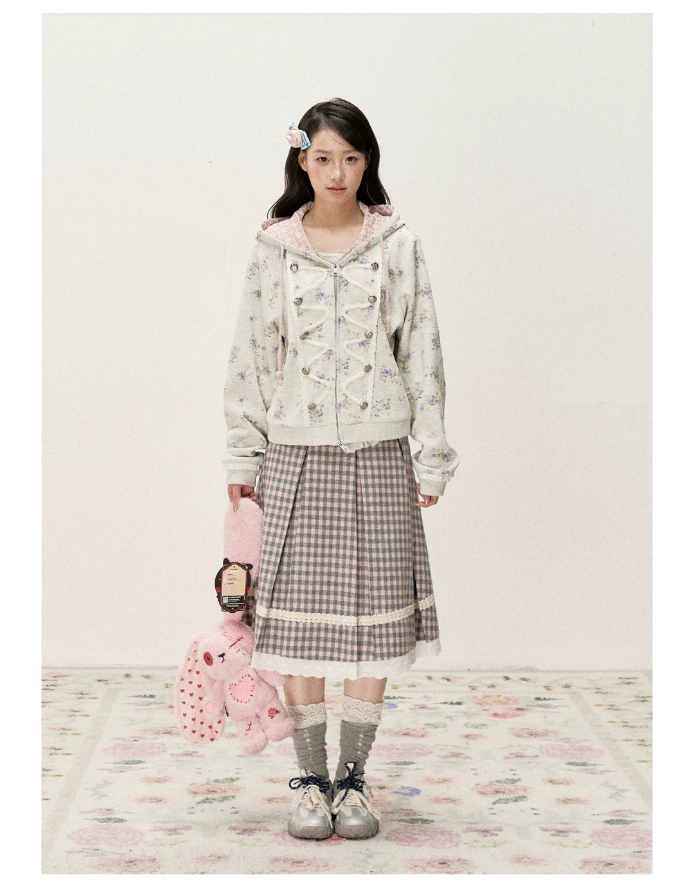 [RF] Vintage Floral Waffle Knit Hoodie Cardigan with Gingham Lining