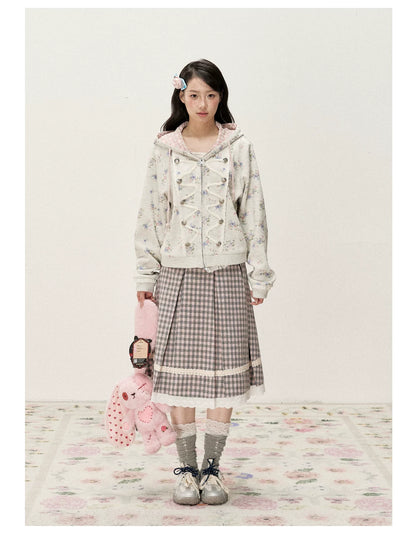 [RF] Vintage Floral Waffle Knit Hoodie Cardigan with Gingham Lining