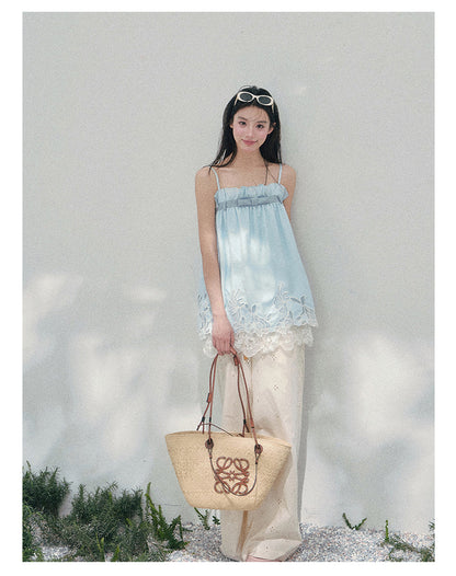 “Bouquet Summer” Glacier Blue Lace Babydoll Top