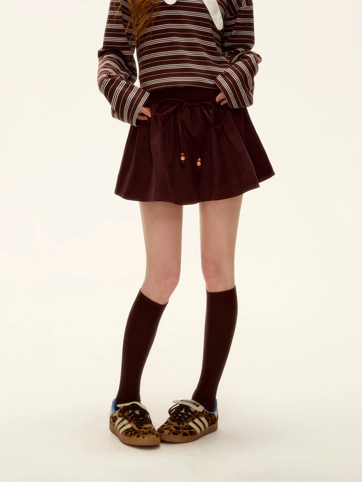 ASGONY - Red Suede Bubble Mini Skirt with Beaded Drawstring