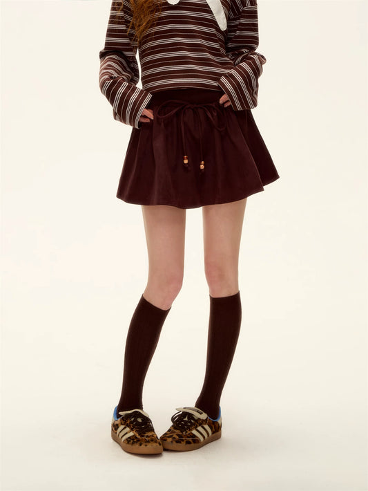ASGONY - Red Suede Bubble Mini Skirt with Beaded Drawstring