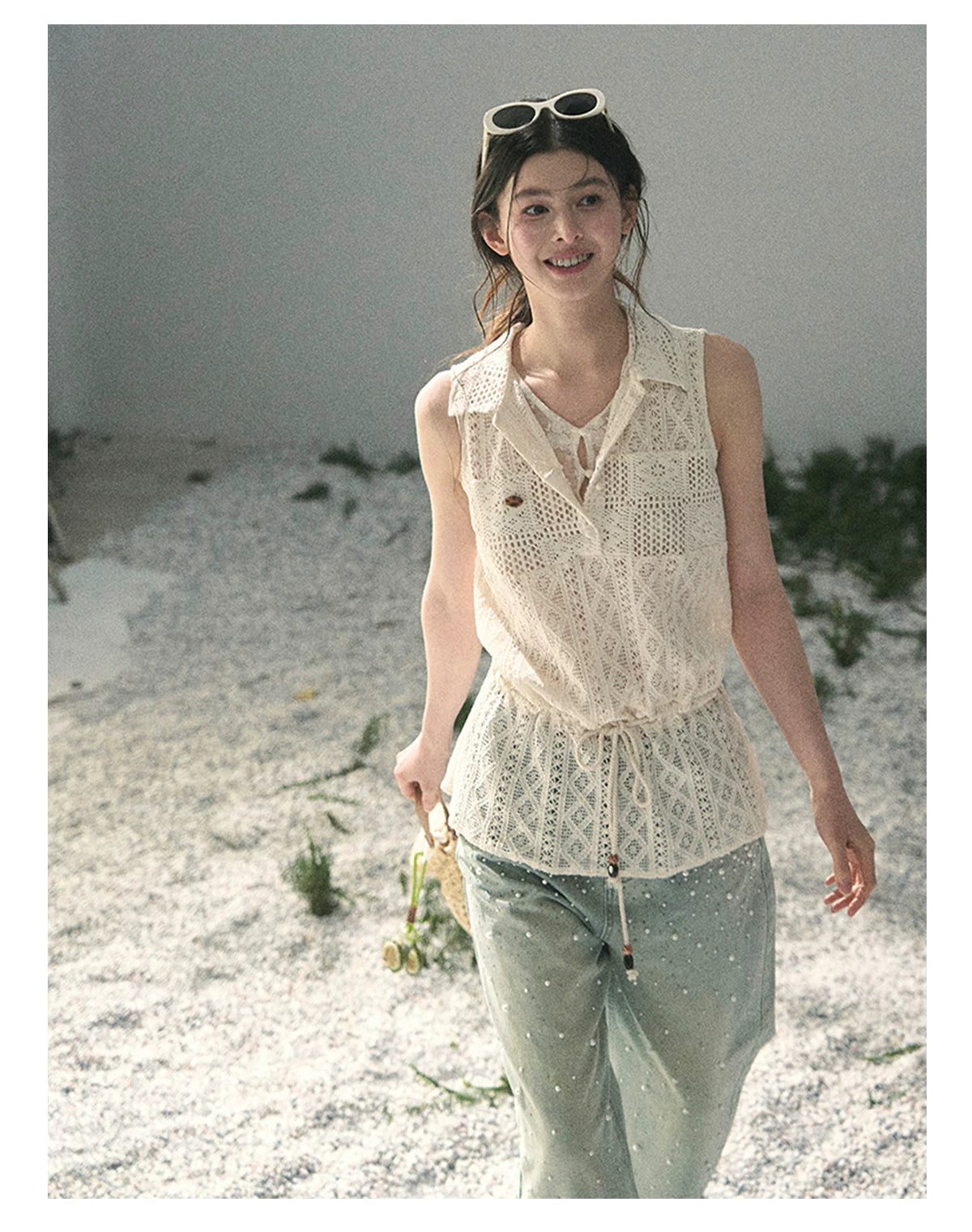 “Summer Breeze Kissing the Hem” Ivory Lace Layered Sleeveless Top