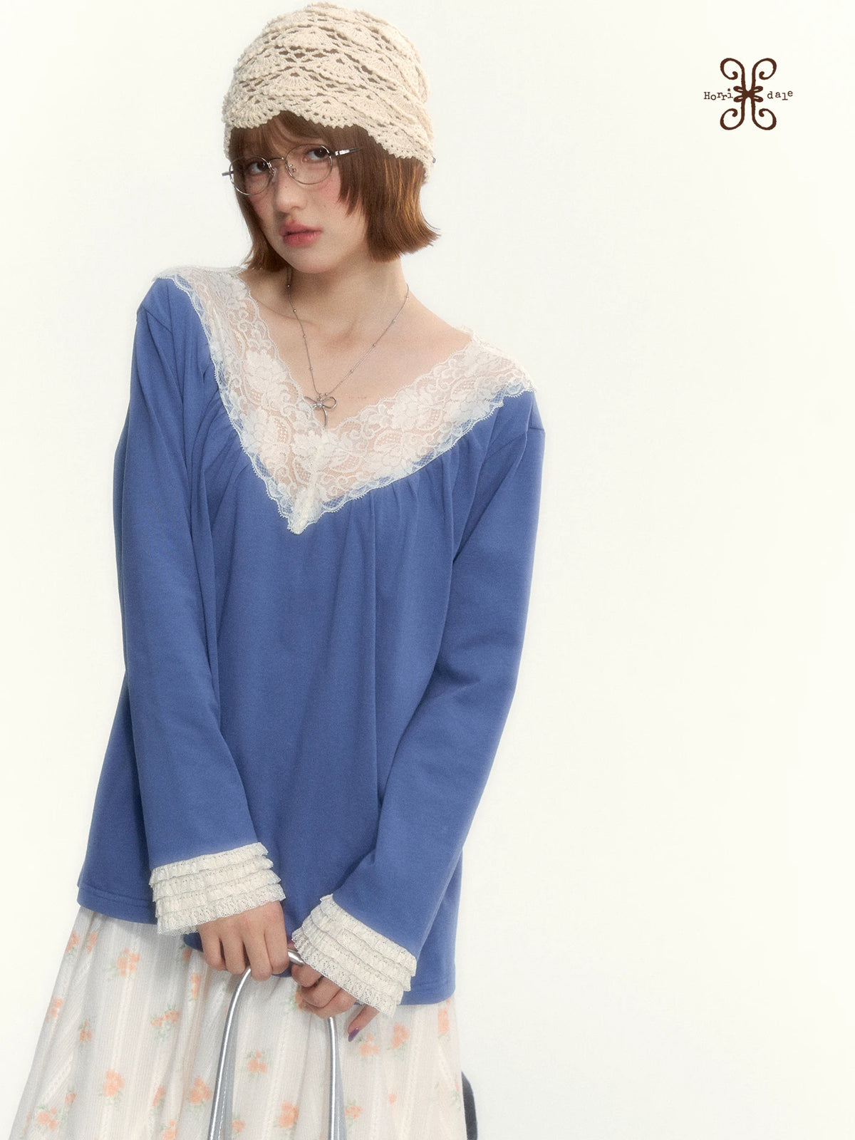Classic Blue Lace V-Neck Long-Sleeve Top