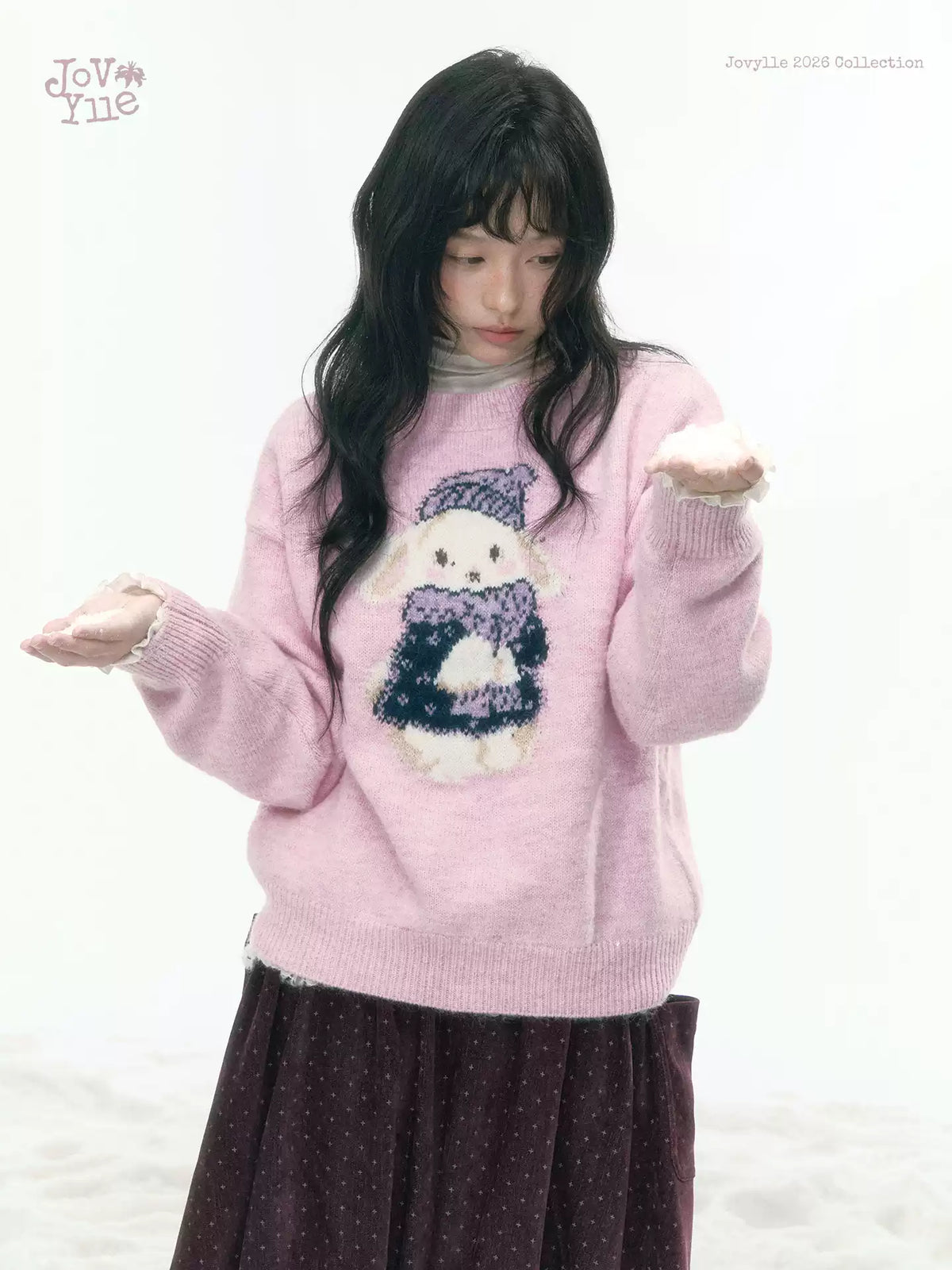 JOVYLLE - Pink Rabbit Jacquard Knit Sweater