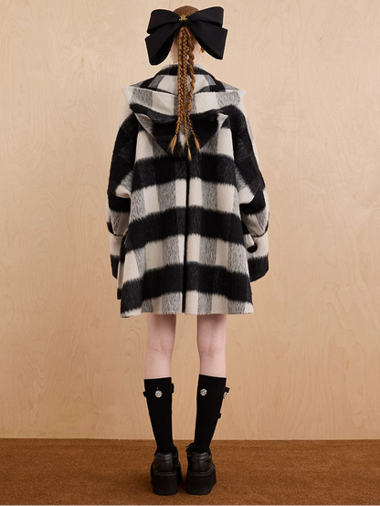 WEANCHEAM Wool Cape Coat | Cat-Ear Hood & Bow Details (Solid Camel/ Black Check)