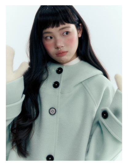 Pale Aqua Green Hooded Cocoon Wool-Blend Coat