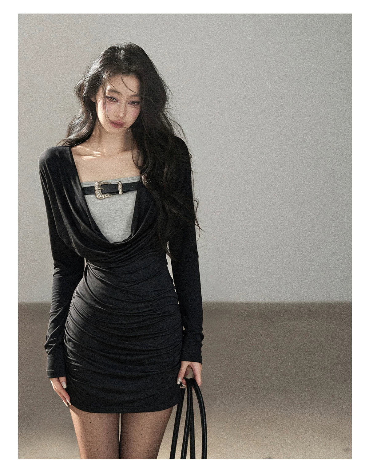 AOMALM - "Misty Shore" Quiet Black Layered Knit Mini Dress