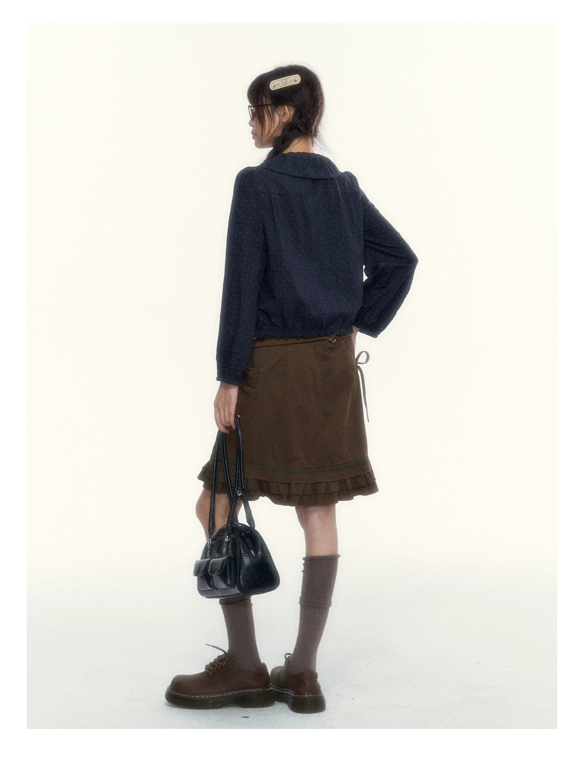 “Wild Caramel” Brown Washed Layered Ruffle Bow Pocket A-Line Skirt