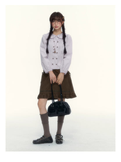 “Academy Melody” Navy Plaid & Dusty Purple Peter Pan Collar Cotton Shirt (Navy Plaid / Dusty Purple)