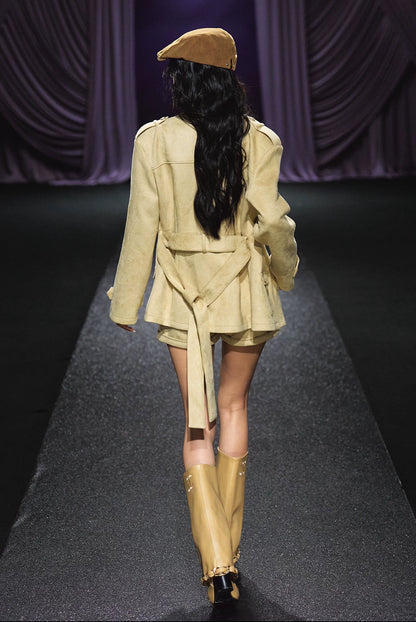 "Golden Dune" Khaki Faux Suede Jacket & Tailored Shorts Set