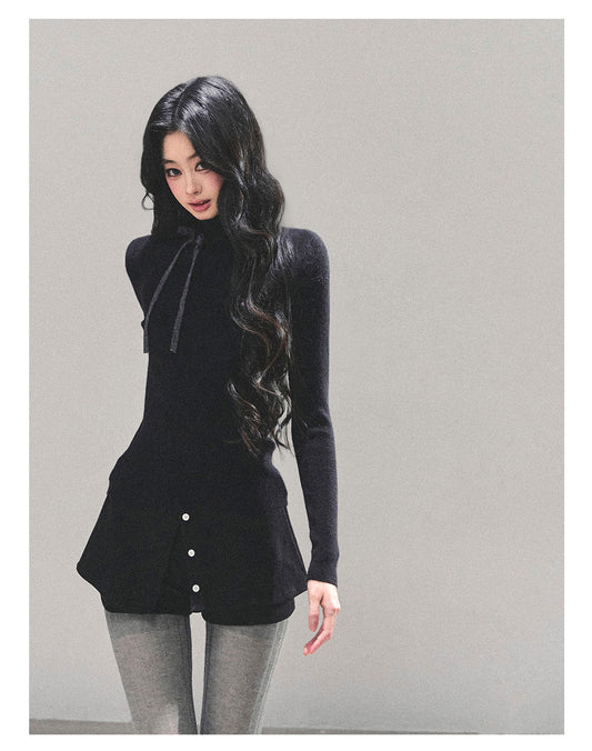 少也眼 “Velvet Touch” Semi-Turtleneck Long Sleeve Knit Top - Black 586255478