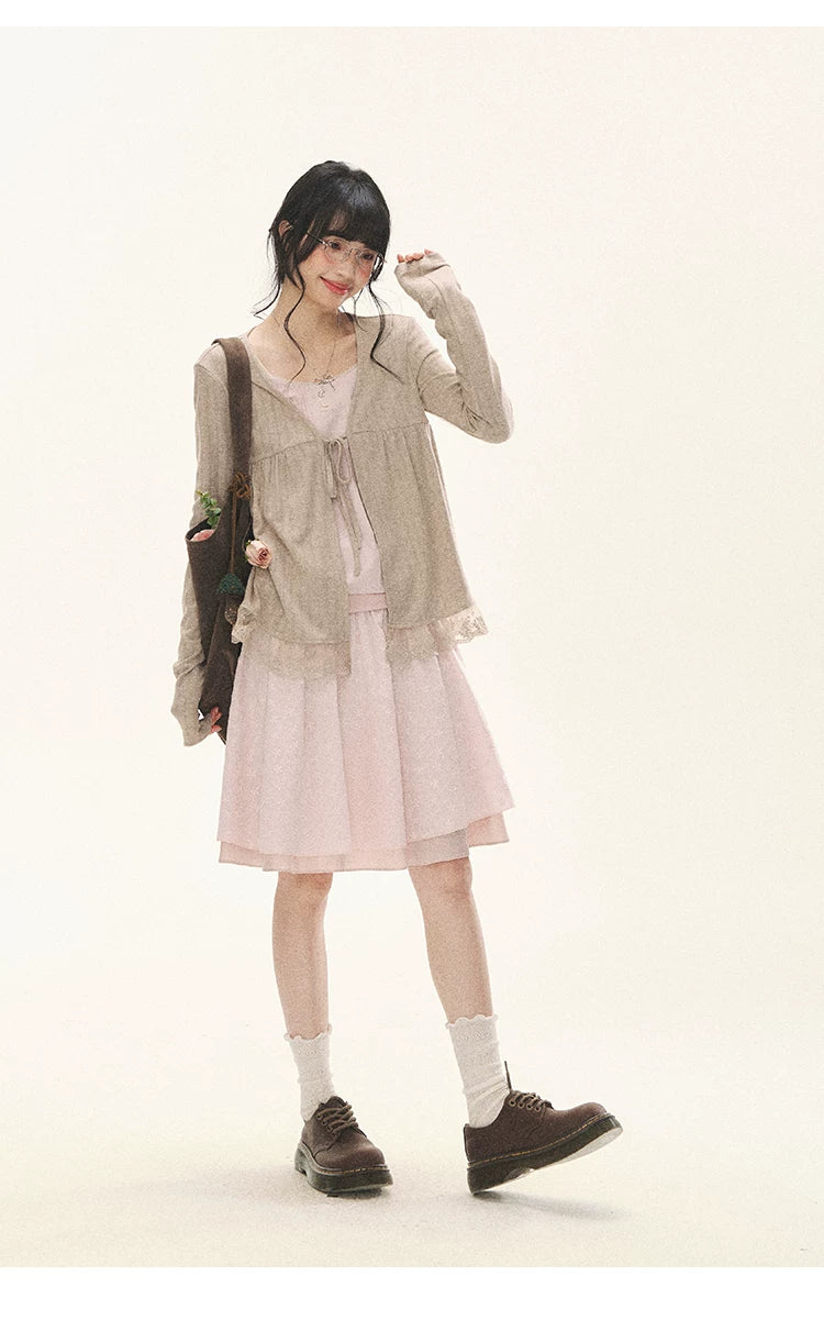 "Roasted Tea Heart" Milk Tea Faux-Layer Lace Cardigan & Skirt Set