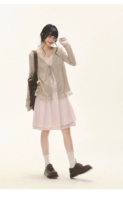 "Roasted Tea Heart" Milk Tea Faux-Layer Lace Cardigan & Skirt Set