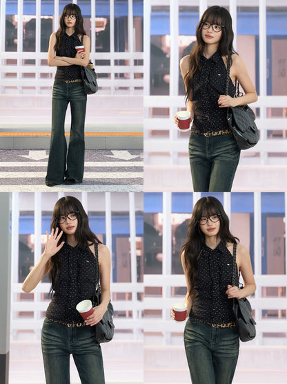 "Midnight Rendezvous" Black Polka Dot Halter Sleeveless Blouse