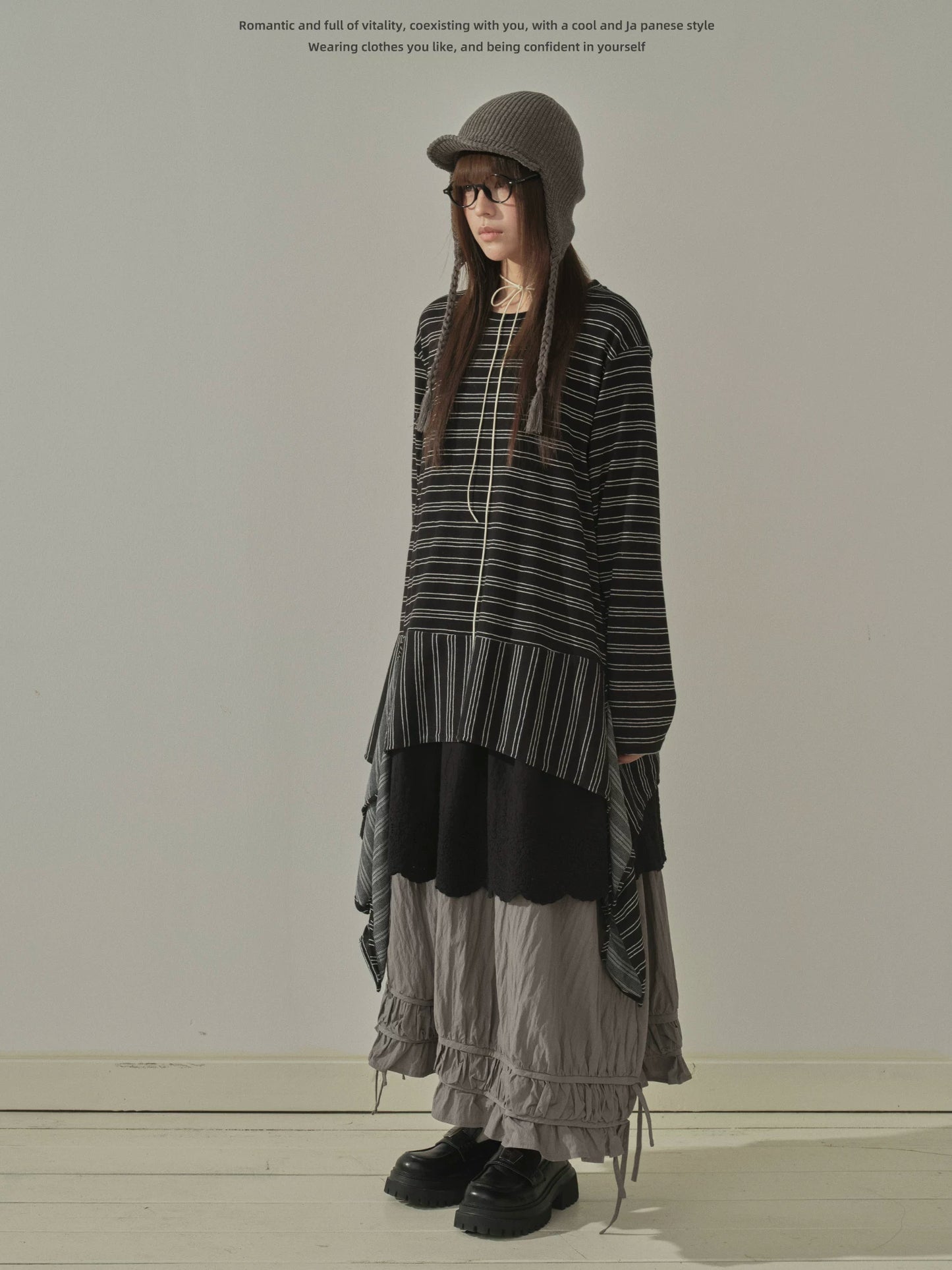 "Vintage Rhythm" Asymmetrical Knit Stripe Long Sleeve T-Shirt (Black / Gray)