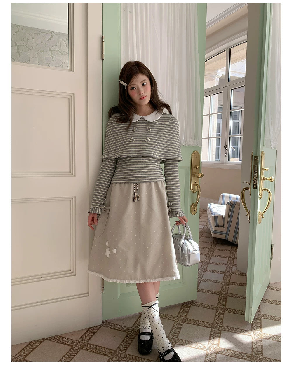 “Misty Sonata” Grey Layered Stripe Knit Top