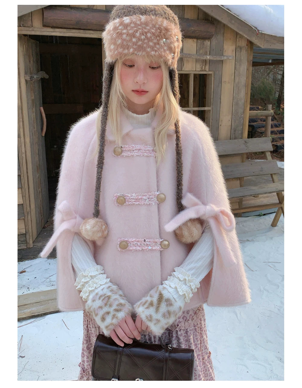 RF - Vintage Pink Fuzzy Cropped Cape Coat with Ribbon Buttons