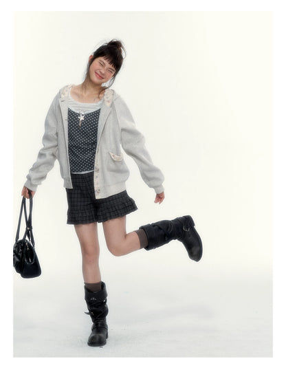 “Blooming Reverie” Light Heather Gray Floral Hooded Cardigan Sweatshirt