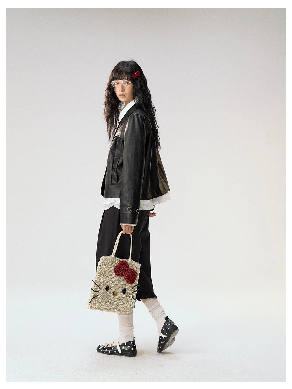 [CAN] "Midnight Sweetheart" Black Bow Pocket Doll Collar Faux Leather Jacket