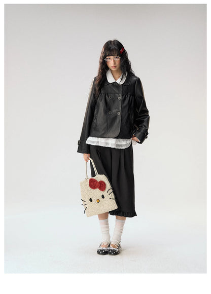 [CAN] "Midnight Sweetheart" Black Bow Pocket Doll Collar Faux Leather Jacket