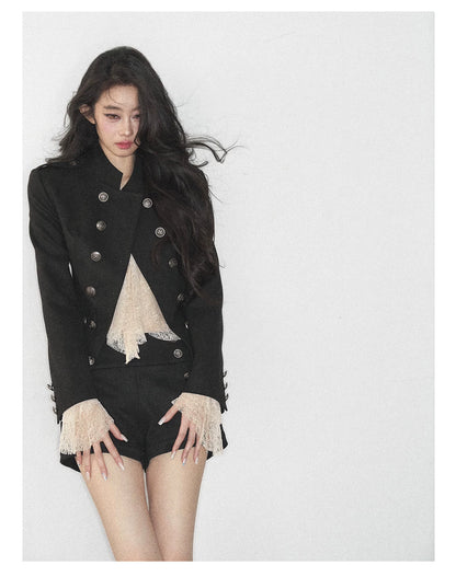 AOMALM - Black Napoleon-Style Jacket & Shorts Set with Milk Tea Top