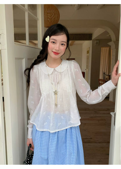 [RF] “Pure Lace” White Floral Jacquard Peter Pan Collar Puff-Sleeve Blouse