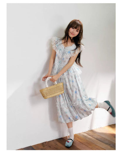 “Mint Blossom Isle” Blue Lace Trim Top & Bubble Hem Skirt
