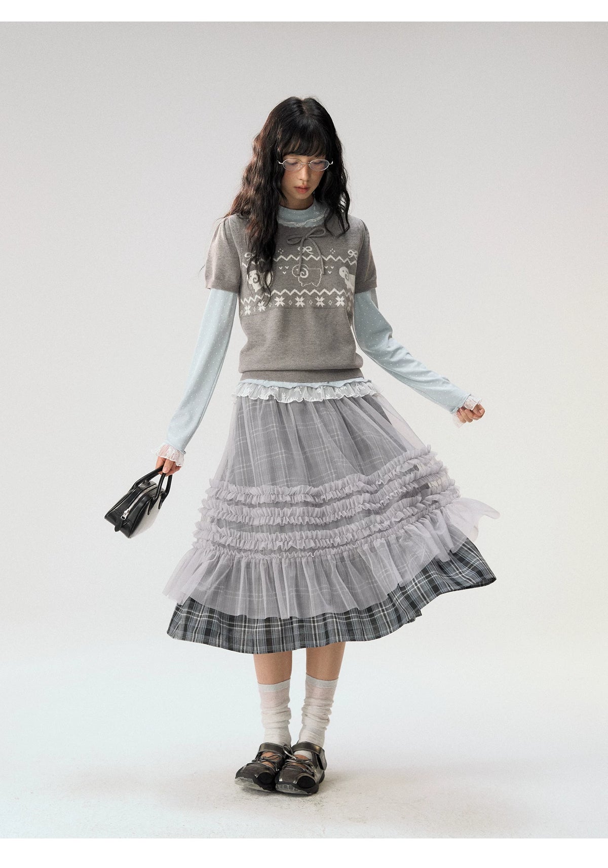 [CAN] "Little Lamb Adventure" Gray Jacquard Bow-Detail Short Sleeve Knit Top