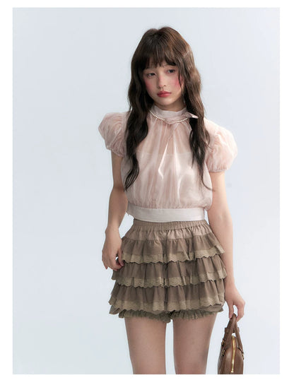 Vintage Stand Collar Bow Puff Sleeve Waist-Cinching Blouse with Knit Cami Set