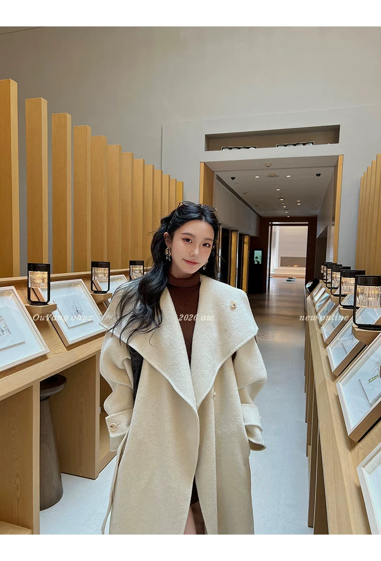 QuQuOuYang - 100% Wool Double-Face Belted Coat with Convertible Collar