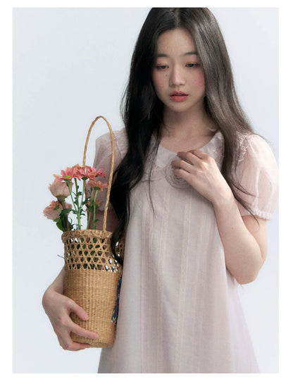 "Misty Wild Rose" Detachable Rose Lace Trim Puff Sleeve Midi Dress