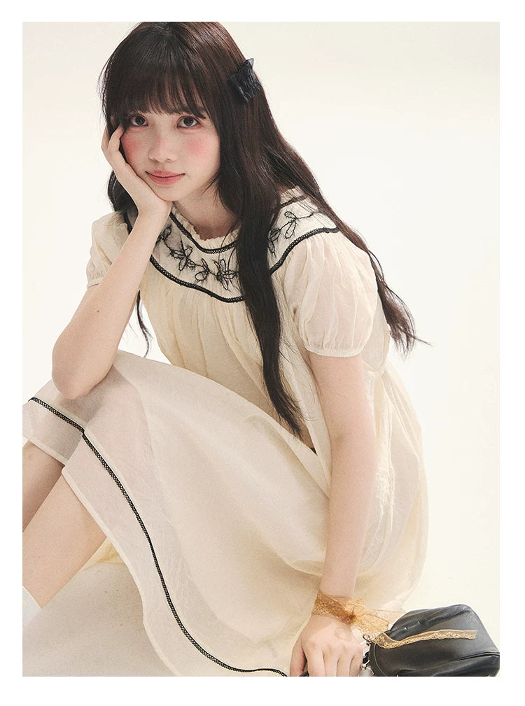"Midnight Princess" Yellow Flower Rope Embroidered Babydoll Midi Dress