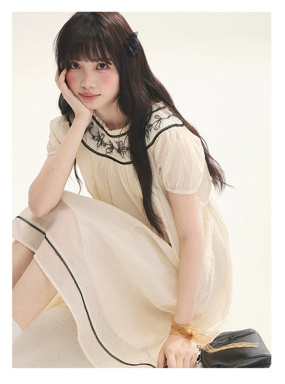 "Midnight Princess" Yellow Flower Rope Embroidered Babydoll Midi Dress