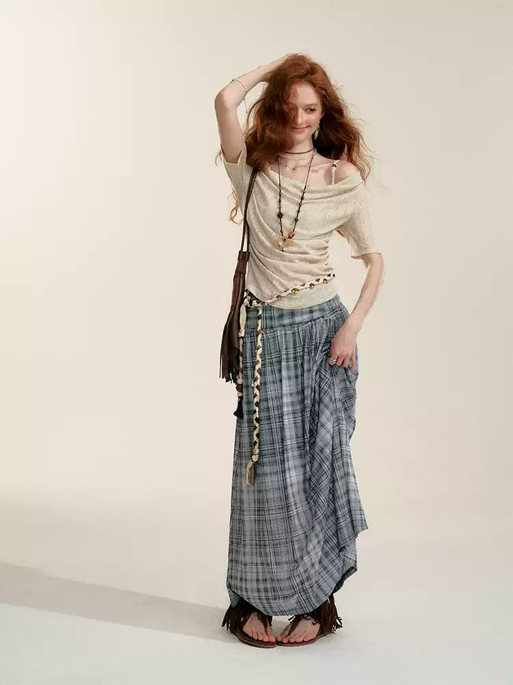 Gray Contrast Plaid A-Line Maxi Skirt