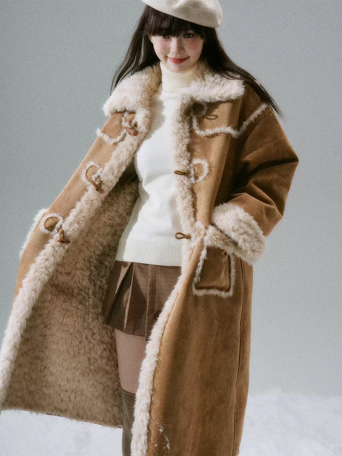 LOST FOREST - Cream Oak Vintage Collegiate Faux Fur-Lined Toggle Coat – Warm Orange Brown