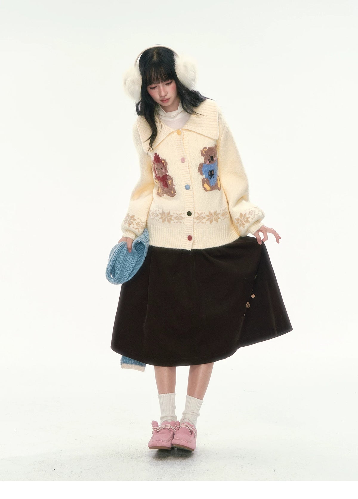 CAN - "Teddy’s Autumn Soirée" Cream White Teddy Bear Fair Isle Jacquard Cardigan